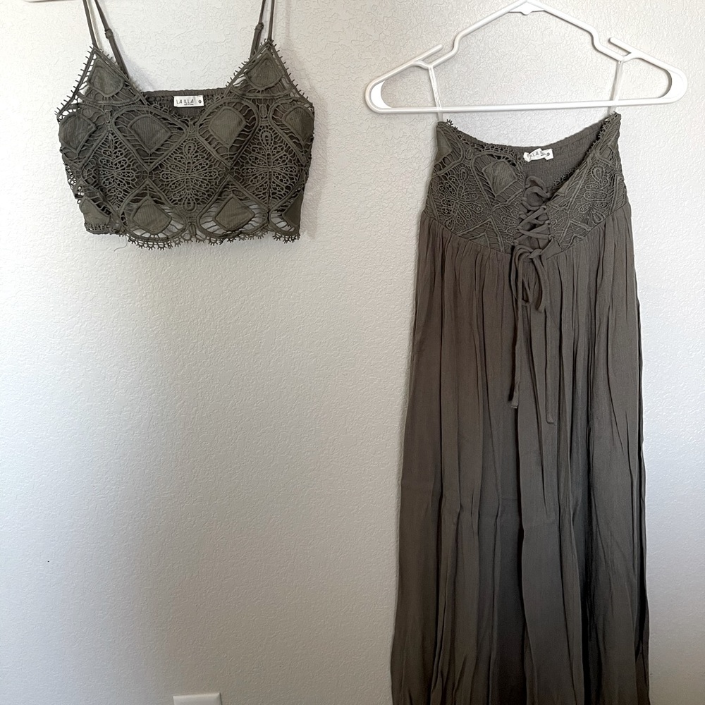 Olive Crop and Maxi Skirt Set